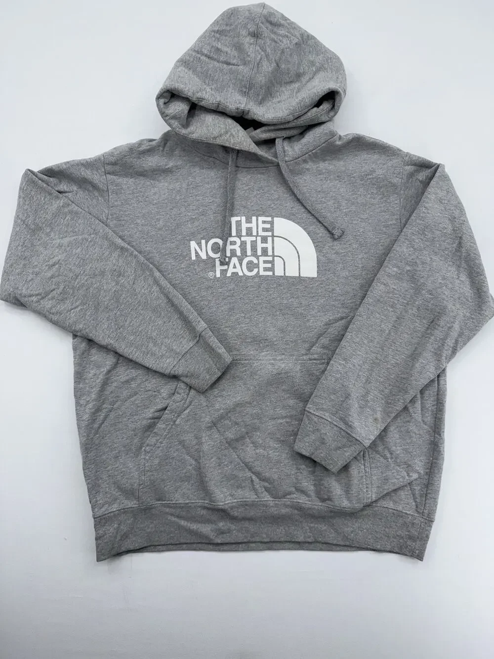 Mens The North Face Fleece Hoodie Size Large Gray Spellout Logo Drawstring EUC